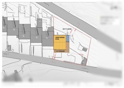 Situasjonsplan som viser eksisterende og nytt bygg, terrasse, samt nabolag og topografi.