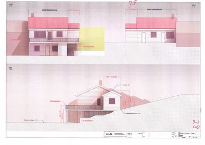 Fasadetegning som viser eksisterende og nytt bygg sett fra vest, øst og sør med høydemål og terrengforhold.
