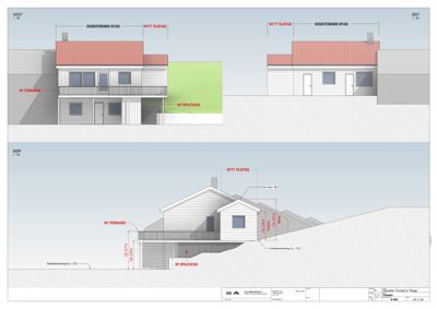 Fasadetegning som viser eksisterende og nytt tilbygg sett fra vest, øst og sør, inkludert terrasser og terrengforhold.