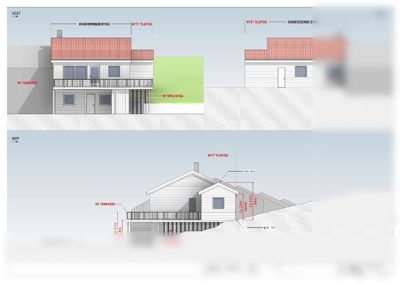 Fasadetegning som viser eksisterende og nytt tilbygg sett fra vest, øst og sør, inkludert terrasser og terrengforhold.