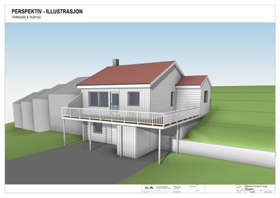 3D-visualisering (perspektiv) av en planlagt terrasse og tilbygg til en eksisterende bygning.