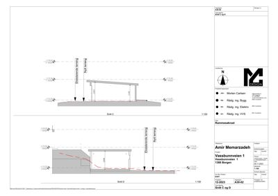 Snittegning som viser tverrsnitt av eksisterende og ny terrengform med høydemål.
