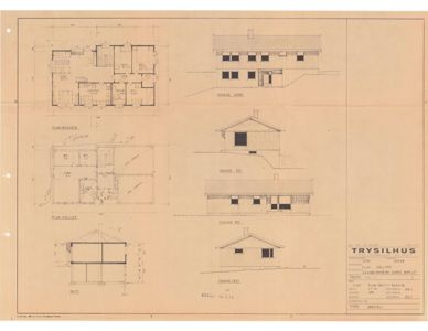 Bildet viser en arkitektonisk tegningsside som inneholder etasjeplaner (Plan hovedetasje, Plan kjeller), fasadetegninger og et snitt av en bygning.