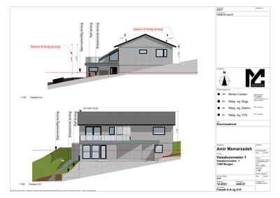 Fasadetegning som viser bygningens utseende fra front (Fasade A-A) og side (Fasade D-D) med høydemål og terrengforhold.