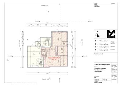 Etasjeplan (1. etasje) som viser romfordeling, veggtykkelse og mål for en bolig.