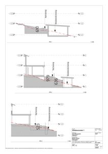 Snittegning som viser tverrsnittet av en bygning med terrasser og etasjer.