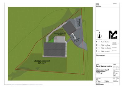 Situasjonsplan som viser tomtens grenser, bygningens plassering, og arealoppdelinger som uteoppholdsareal og snureal.