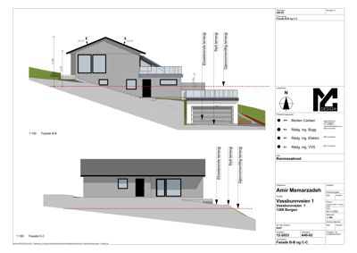 Fasadetegning som viser bygningens utseende fra to forskjellige vinkler (B-B og C-C) med mål og notasjoner.