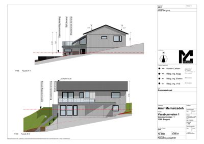 Fasadetegning som viser bygningens utseende fra flere vinkler (Fasade A-A og D-D) med mål og konstruksjonsdetaljer.
