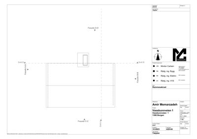 Takplan med angitte fasader og snittlinjer