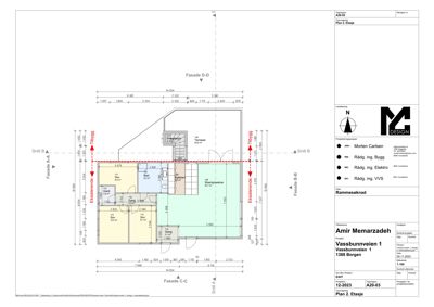 Etasjeplan (Plan 2. Etasje) som viser romfordeling, mål og snittlinjer for en bygning.