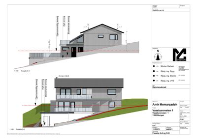 Fasadetegning som viser bygningens utseende fra to ulike vinkler (Fasade A-A og D-D) med mål og notasjoner.