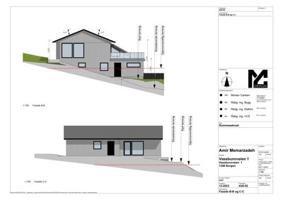 Fasadetegning som viser bygningens utseende fra to ulike vinkler (B-B og C-C) med mål og notasjoner.