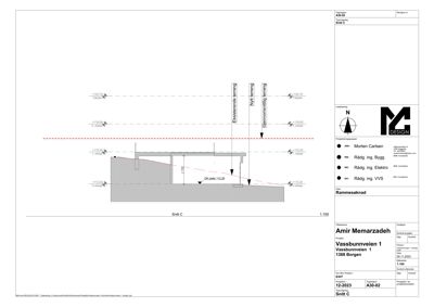 Snittegning (Snitt C) som viser bygningens høydeprofil, terrengforhold og nivåer.