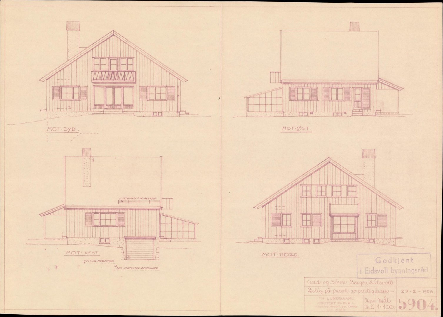 Fasadetegning som viser bygningens utsyn mot de fire hovedretningene (Nord, Sør, Øst, Vest).