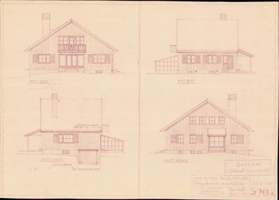 Fasadetegning som viser bygningens utsyn mot de fire hovedretningene (Nord, Sør, Øst, Vest).