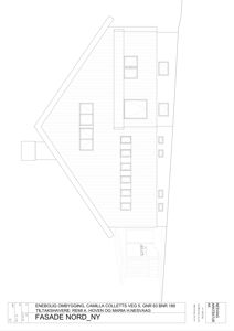 Fasadetegning som viser bygningens utside med vinduer og takform.