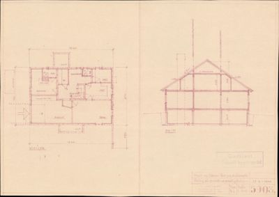 Bildet viser en tegning med en etasjeplan (venstre) og et snitt (høyre) av en bygning.
