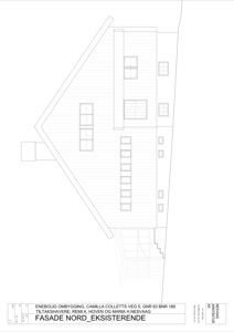 Fasadetegning (opprikk) av en bygning med vinduer og takform