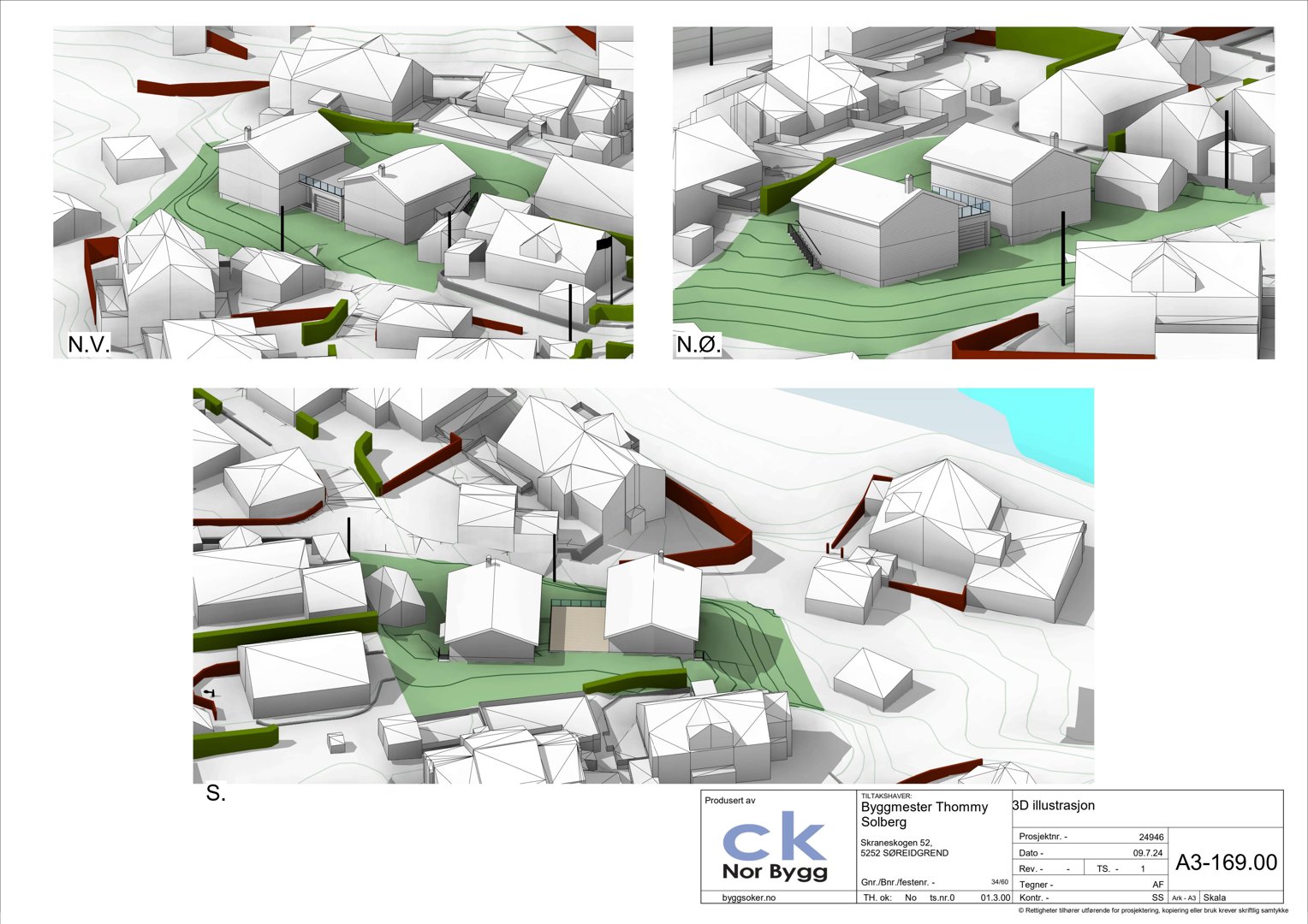 3D-visualisering (rendering) som viser bygningene sett fra ulike vinkler (N.V., N.Ø., S.) med terrengkonturer og beplantning.