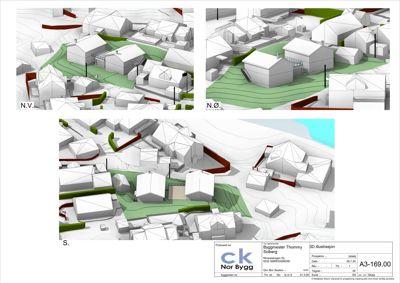 3D-visualisering (rendering) som viser bygningene sett fra ulike vinkler (N.V., N.Ø., S.) med terrengkonturer og beplantning.