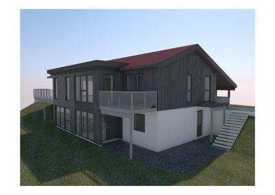 3D-visualisering av en moderne villa sett fra en vinkel som viser fasade og deler av siden.