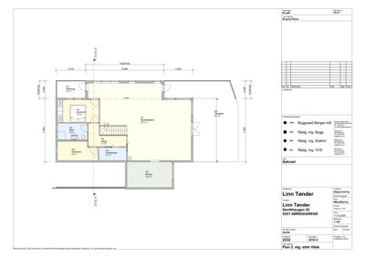 Plantegning av 2. etasje med romfordeling, dimensjoner og arealoppdelinger.
