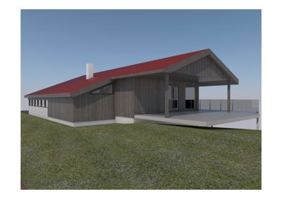 3D-visualisering av en hytte med rød takflate, grå fasade og en utvidet veranda.