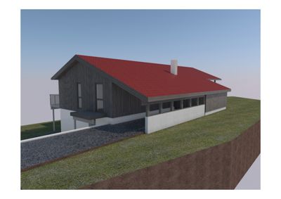 3D-visualisering av en husmodell sett fra siden, med synlig grunnkonstruksjon og terreng.