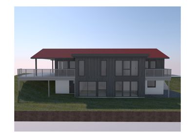 3D-visualisering (rendering) av en planlagt bygning sett fra fronten.