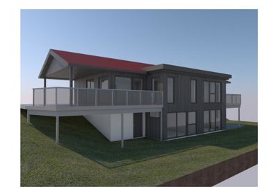 3D-visualisering av en moderne villa sett fra en vinkel som viser både fasade og deler av tommeformingen.