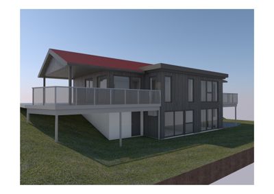 3D-visualisering av en moderne villa sett fra en vinkel som viser både fasade og deler av tommeformingen.