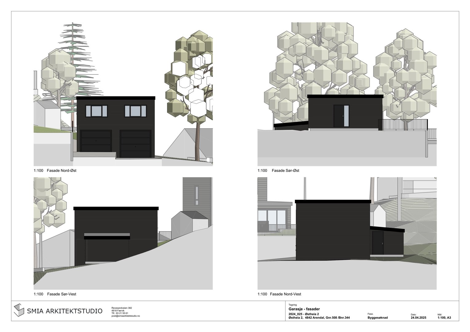 Fasadetegninger som viser bygningens utsyn fra fire ulike sider (Nord-Øst, Nord-Vest, Sør-Øst og Sør-Vest).