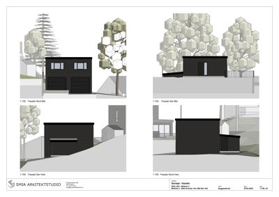 Fasadetegninger som viser bygningens utsyn fra fire ulike sider (Nord-Øst, Nord-Vest, Sør-Øst og Sør-Vest).