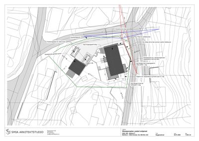 Situasjonsplan som viser tomtens grenser, eksisterende og nye bygninger, parkeringsplasser, adkomstveier og terrengforhold.
