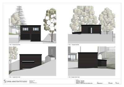 Fasadetegninger som viser bygningens utsyn fra fire ulike sider (Nord-Øst, Nord-Vest, Sør-Øst og Sør-Vest).