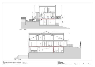 Tegning som viser tverrsnitt gjennom bygningen (Snitt A og B) med høydemål og romfordeling.