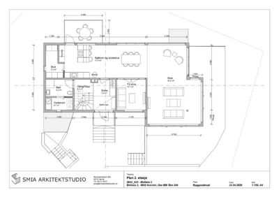 Etasjeplan (Plan 2. etasje) som viser romfordeling, dimensjoner og areal for en bolig.