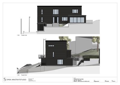 Fasadetegning som viser bygningens utseende sett fra nord og vest.