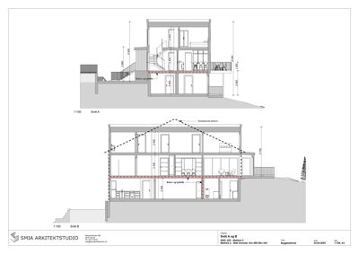 Tegning som viser tverrsnitt gjennom bygningen (Snitt A og B) med høydemål og romfordeling.