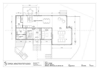 Etasjeplan (Plan 2. etasje) som viser romfordeling, dimensjoner og areal for en bolig.