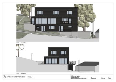 Fasadetegning som viser bygningens utseende fra to vinkler (Øst og Sør) med skråning og terreng.