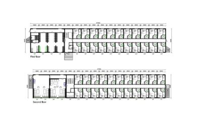 Plantegning av første og andre etasje i en bygning, sannsynligvis et hotell eller studentboliger, med romfordeling og dimensjoner.