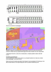 Bildet viser en situasjonsplan (kartutsnitt) med reguleringer (fargekodet) og to etasjeplaner for en bustadrigger overfor.