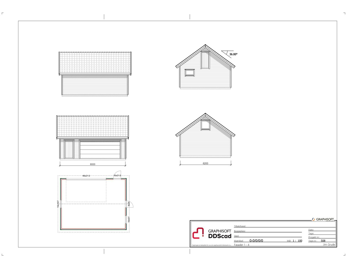 Fasadetegning som viser bygningens utsyn fra fire ulike vinkler (to frontaler og to sider), med mål på takhelling, bredde og vindusoppsett.