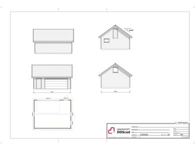 Fasadetegning som viser bygningens utsyn fra fire ulike vinkler (to frontaler og to sider), med mål på takhelling, bredde og vindusoppsett.