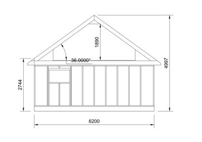 Fasadetegning som viser bygningens utseende fra fronten, med angitte mål for bredde, høyde og takhøyde.