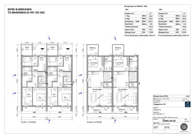 Plantegning som viser romfordeling og arealoppsett for to mannsboliger (H01 og H02) på første og andre etasje.