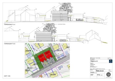 Bildet viser en kombinasjon av to terrengsnitt (C-C og D-D) og en situasjonsplan (Kart 1:500) som viser tomt, nabobebyggelse og veier.