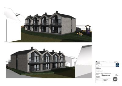 3D-visualisering av en rekkehusbebyggelse sett fra en vinkel som viser fasade og terreng.